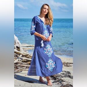 Debbie Katz Moni Nvy Kaftan/Tunic Boho Beachy Coastal Maxi Lightweight Dress,M/L